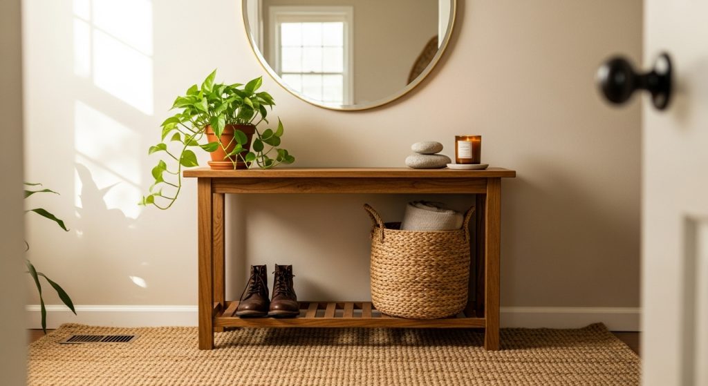Entryway Makeover Ideas on a Budget: First Impression That Wow 1  A cozy, budget-friendly entryway with a console table, mirror, and plants, bathed in natural light and warm tones for a welcoming look.