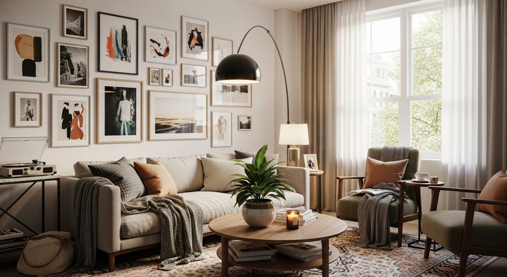 ALT Text: A modern living room featuring a balanced gallery wall, cozy furniture, and warm ambient lighting, creating an artistic and inviting atmosphere.
