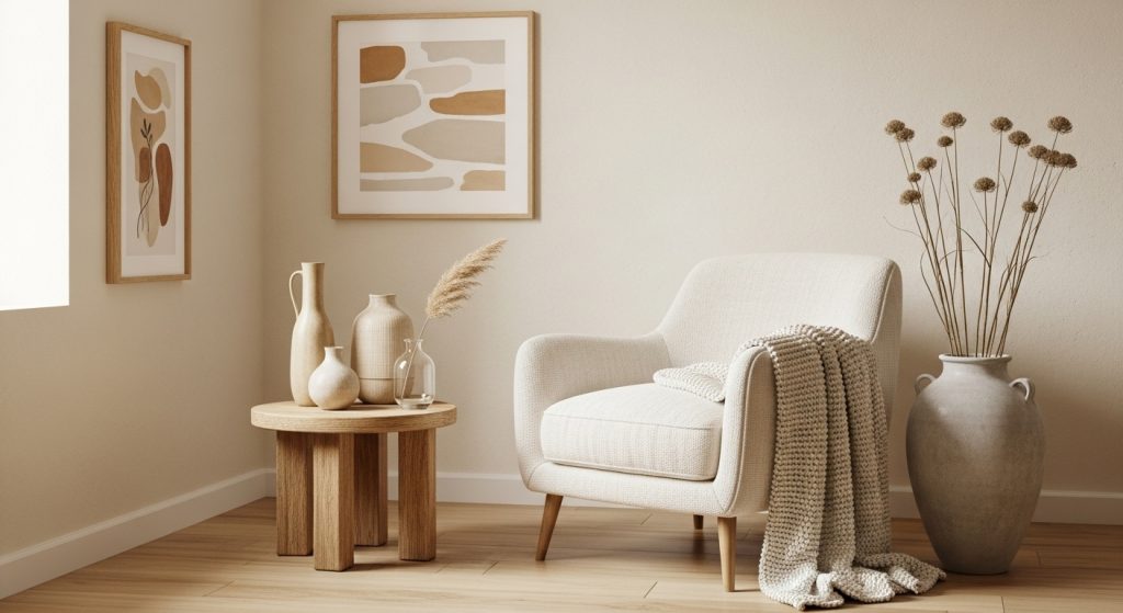
A beautifully styled room corner featuring multiple vases, soft ambient lighting, and natural textures that create a calm, warm, and inviting atmosphere.
