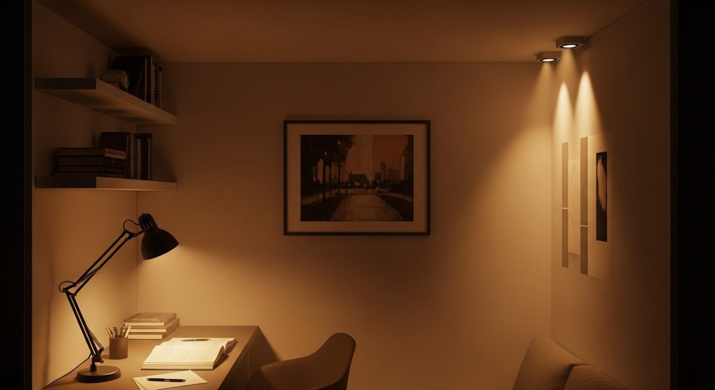 Creative Lighting Ideas for Small Room That Instantly Transform Your Space 2 
An illustrated compact room showcasing layered lighting — ambient ceiling lights, a task lamp on the desk, and accent spotlights highlighting artwork. The image features beautiful warm tones and eye-catching light beams that create depth and an amazing spacious feel.