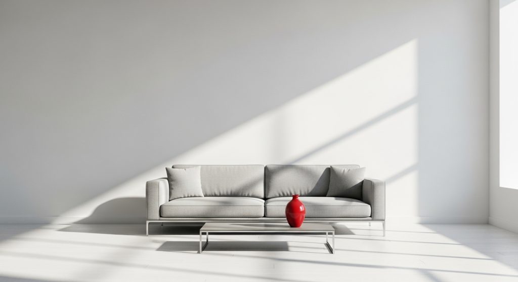 Minimalist Decor for Studios: Space Saving Tips You’ll Love 5 
A modern studio with crisp white walls, a sleek gray sofa, and a single red vase on a minimalist coffee table, filled with sunlight for a bright and open atmosphere.