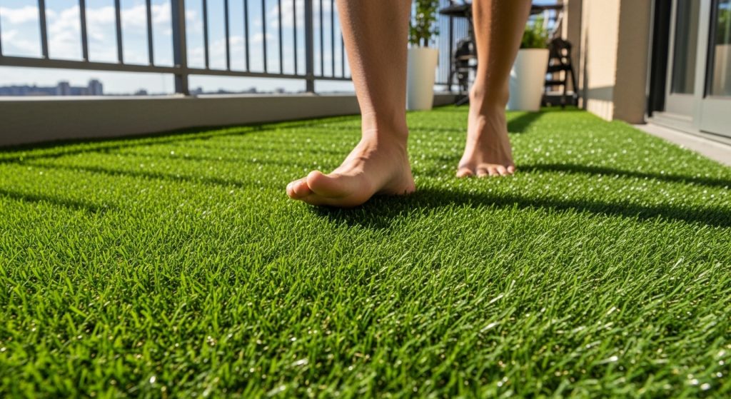 20 Creative Balcony Decoration Ideas You Can Try on a Budget 17 
Green faux turf covering a balcony floor, mimicking a lush lawn under sunny skies, with bare feet stepping on it, creating a realistic and refreshing mini yard feel.
