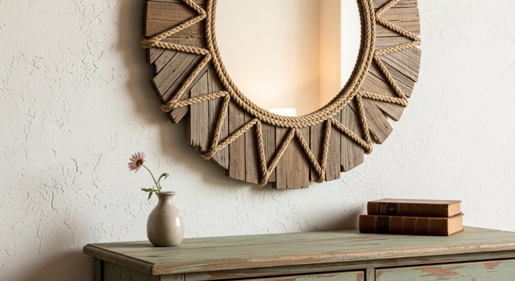 Mirror Decoration Ideas for Bedroom: Brighten Up Your Space 8 **“Close-up of a DIY mirror framed with reclaimed wood and rope, hanging above a rustic dresser decorated with simple, natural accents.”**