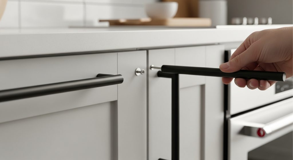 Budget Friendly Home Makeover Ideas You Can Try This Weekend 9 A close-up view of modern black cabinet handles being installed in a freshly updated minimalist kitchen.
