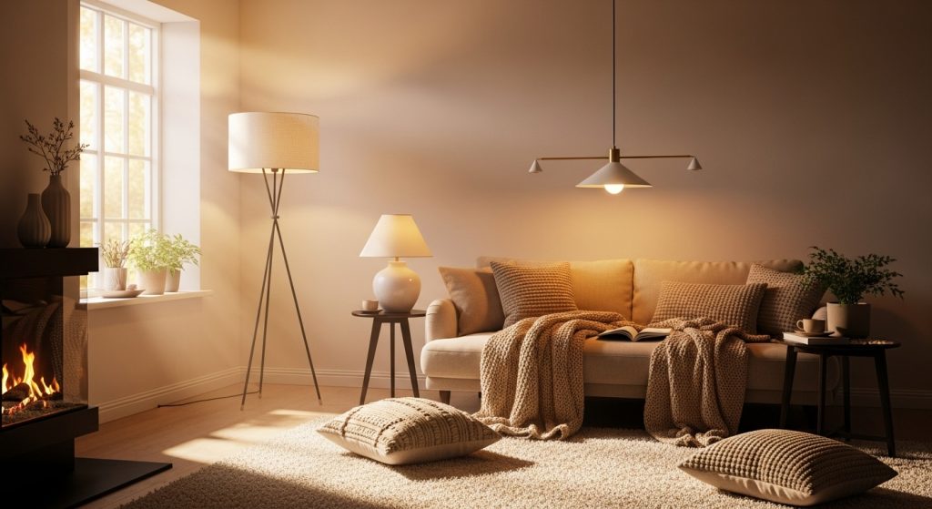 Budget Friendly Home Makeover Ideas You Can Try This Weekend 4 A bright, cozy living room illuminated by layered lighting from floor lamps, pendant lights, and soft natural sunlight reflections.