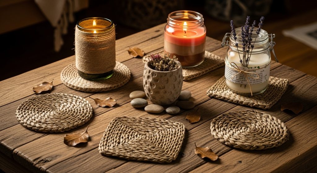 DIY Center Table Decor Ideas for Living Room 7 A rustic center table decorated with handmade candle jars, woven coasters, and a small clay pot, creating an earthy, cozy, and artistic vibe.