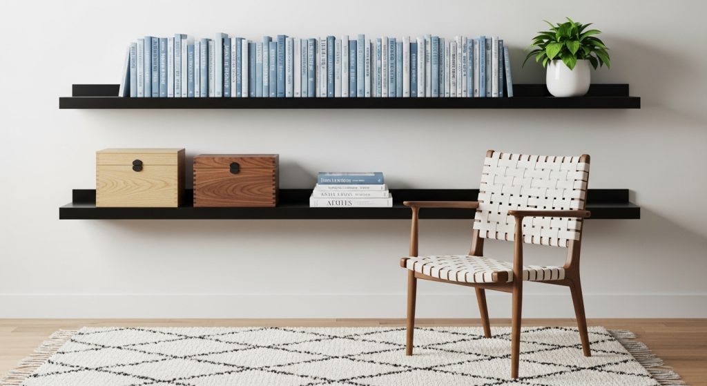 Minimalist Decor for Studios: Space Saving Tips You’ll Love 6 
A studio wall featuring sleek floating shelves with books, a small plant, and decorative boxes above a tidy floor space with a cozy rug and a single chair, creating an open, minimalist look.