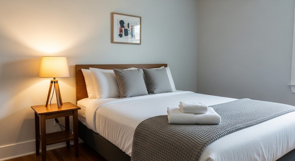 How to Set Up a Guest Room on a Budget: Stylish Ideas 2 
Elegant guest room with a neatly made bed featuring layered textures, a wooden side table, and a warm glowing bedside lamp.