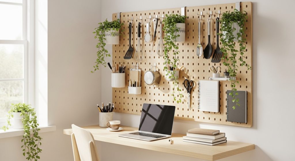 A compact kitchen or study corner with vertical pegboard storage, hanging plants, and neatly organized tools or books, creating a bright and tidy look.
