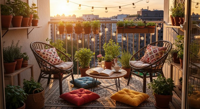 20 Creative Balcony Decoration Ideas You Can Try on a Budget 3 ALT Text: A cozy small balcony beautifully styled on a budget with string lights, potted plants, rattan chairs, and an outdoor rug under soft evening sunlight — a perfect spot for tea or reading. Realistic outdoor photography showcasing warmth, coziness, and charm, ideal for inspiring balcony decoration ideas .