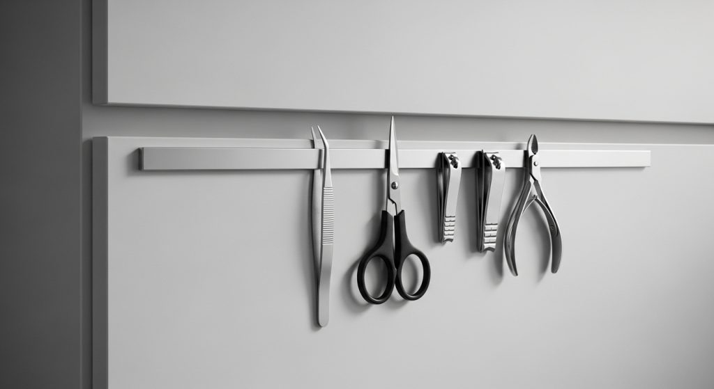 10 Genius Bathroom Storage Hacks You’ll Wish You Knew Sooner 10 Bathroom cabinet door with a magnetic strip neatly holding tweezers, scissors, and clippers, showcasing a modern, clean aesthetic.