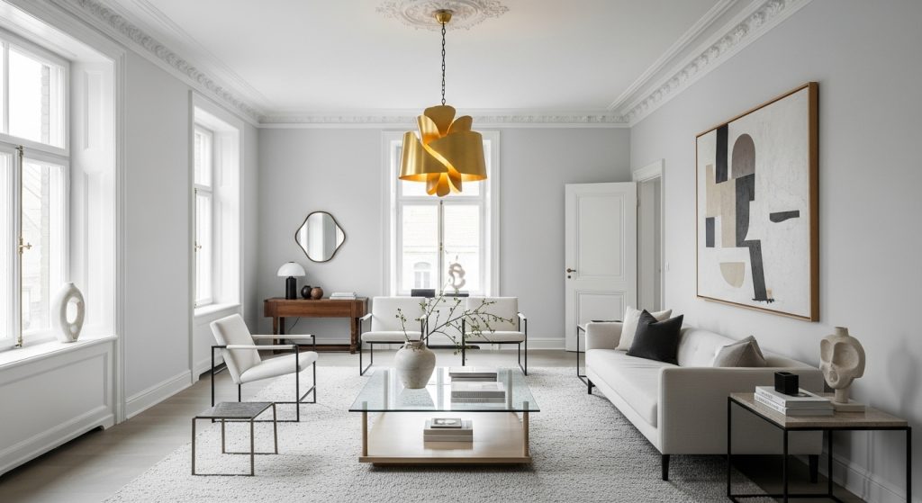 Simple Ceiling Decor Design That Transforms Any Room 7 A stylish room featuring white ceiling moldings, a gold pendant light, and minimal decor, creating a timeless and sophisticated look.