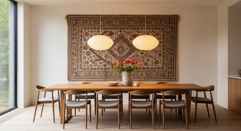 Wall Rug Placement Ideas to Add Warmth & Texture to Any Room 6 
A modern dining room featuring a woven wall rug behind the table, wooden chairs, and warm pendant lights overhead, creating a stylish and inviting ambiance.