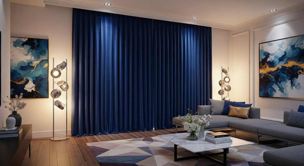 Modern Curtain Design for Living Room That Instantly Upgrade Your Space 3 An elegant living room featuring tall deep blue velvet curtains, accent lighting, and modern décor elements creating a sophisticated atmosphere.