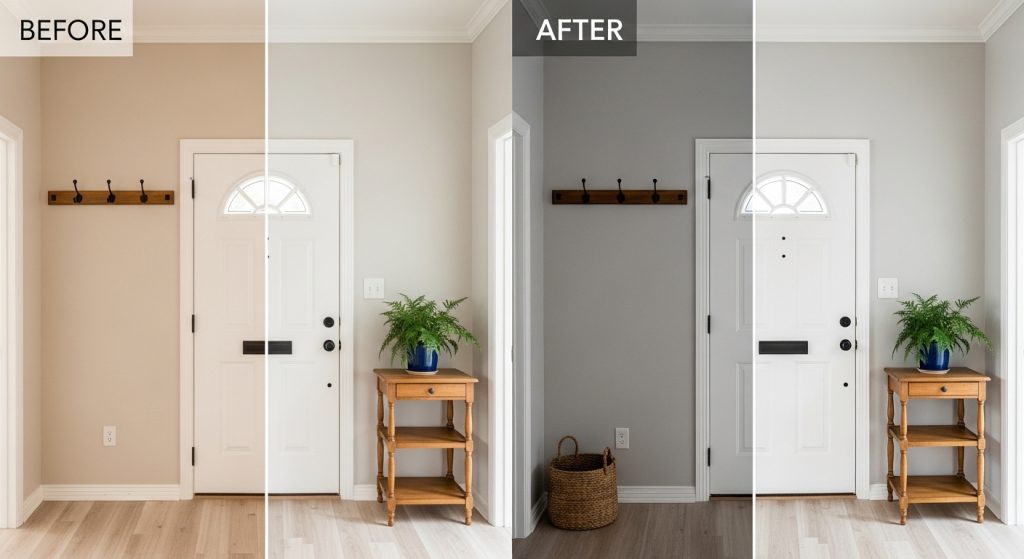 Entryway Makeover Ideas on a Budget: First Impression That Wow 2  Before-and-after image of an entryway wall transformed with soft neutral paint, simple wall hooks, and minimal, elegant décor.