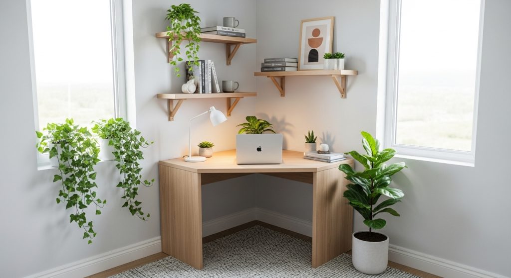 Creative Corner Decoration Ideas to Beautify Every Room 4 A stylish small home office corner with a wooden desk, laptop, wall shelves, and green plants by a window, creating a bright and modern workspace.