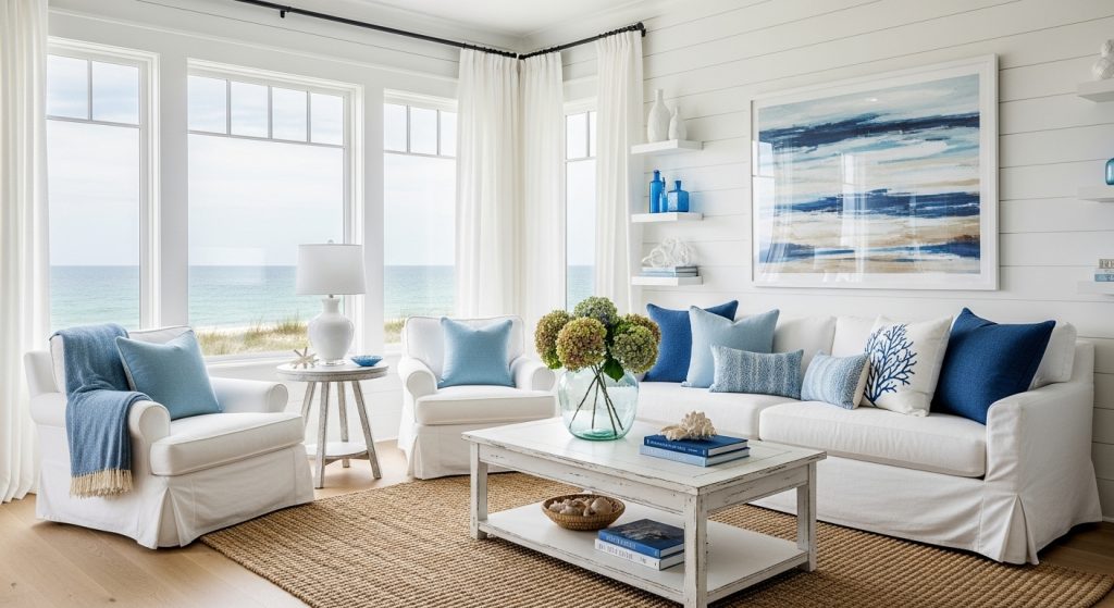 Coastal Home Styling: Calm & Beachy Decor Inspiration 10 
A stunning coastal-inspired living room featuring large windows, white décor, and ocean-blue details that evoke a serene and refreshing seaside ambiance.