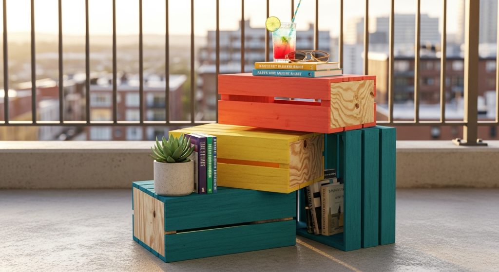20 Creative Balcony Decoration Ideas You Can Try on a Budget 18 
Stacked painted crates used as a colorful side table on a balcony, holding drinks and books, showcasing creative design and practical repurposing.