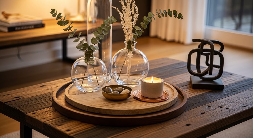 DIY Center Table Decor Ideas for Living Room 8 A modern-rustic center table featuring glass vases, wooden trays, and metallic accents, enhanced by warm lighting for a refined and elegant feel.