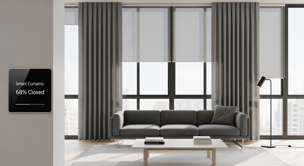 Modern Curtain Design for Living Room That Instantly Upgrade Your Space 9 A sleek modern living room with smart automated curtains, minimalist furniture, and large windows letting in natural light.