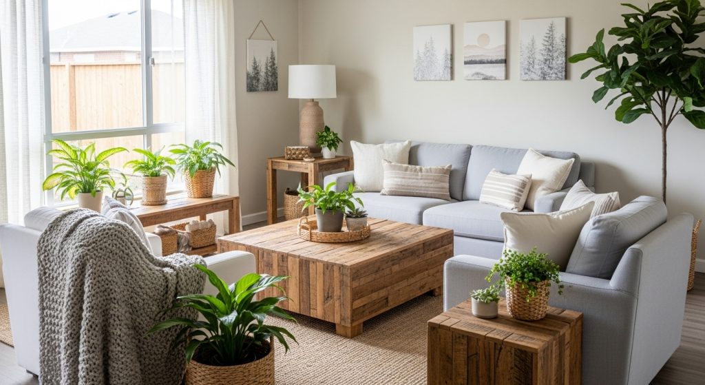 5 Recycled Furniture Design Ideas to Give Old Pieces New Life 1 “Inviting living room with repurposed wooden furniture, soft neutral tones, natural light, plants, and a cozy modern design in a realistic lifestyle style.”