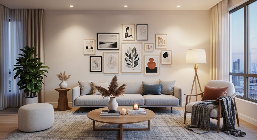 A modern living room featuring a stylish wall art gallery, cozy neutral furniture, and soft lighting, creating an elegant and inviting atmosphere.
