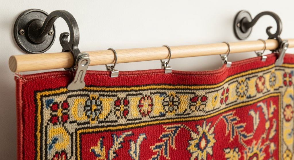 Wall Rug Placement Ideas to Add Warmth & Texture to Any Room 9 
A close-up view of a rug being hung on a wooden dowel with metal brackets, highlighting the fabric texture and secure safety clips used for mounting.