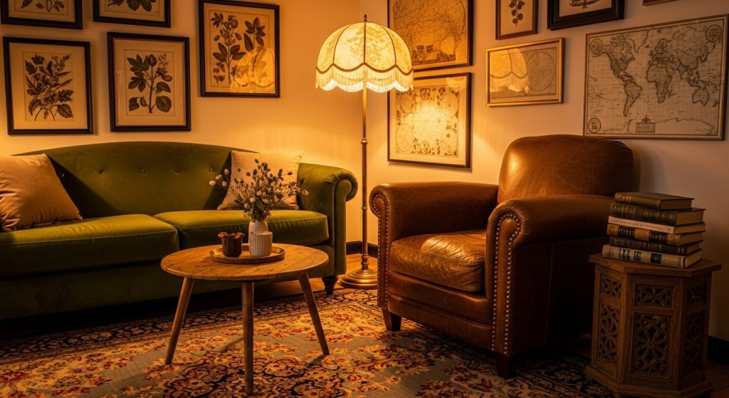 Vintage Style Interior on a Budget: Timeless Decor Tips 1 
A cozy vintage-inspired living room featuring mismatched furniture, an antique lamp, a floral rug, and warm lighting that together create a timeless, nostalgic charm.