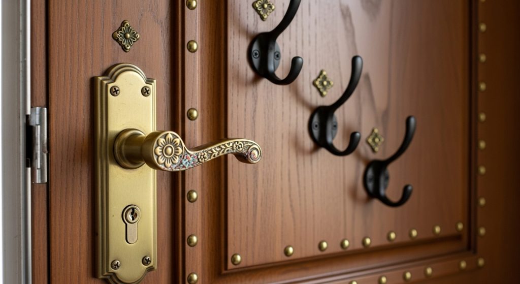 Entryway Makeover Ideas on a Budget: First Impression That Wow 9  Close-up of a brass door handle, matte wall hooks, and small decorative accents adding elegant detail to a modern entryway.