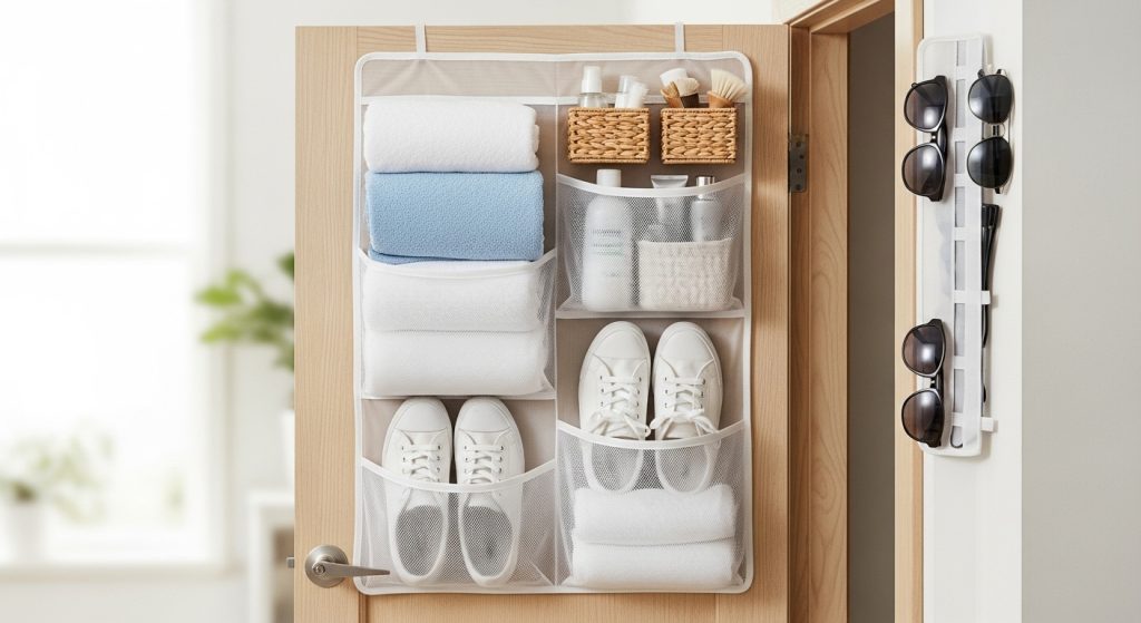  A small closet or bathroom door featuring over-the-door organizers neatly storing towels, shoes, and accessories, creating a bright, organized, and practical aesthetic.
