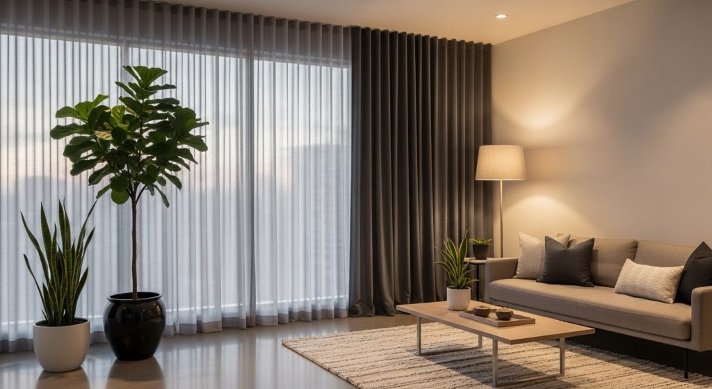 Modern Curtain Design for Living Room That Instantly Upgrade Your Space 8 A modern interior with layered linen and velvet curtains, neutral furniture, and green plants creating an elegant, cozy look.