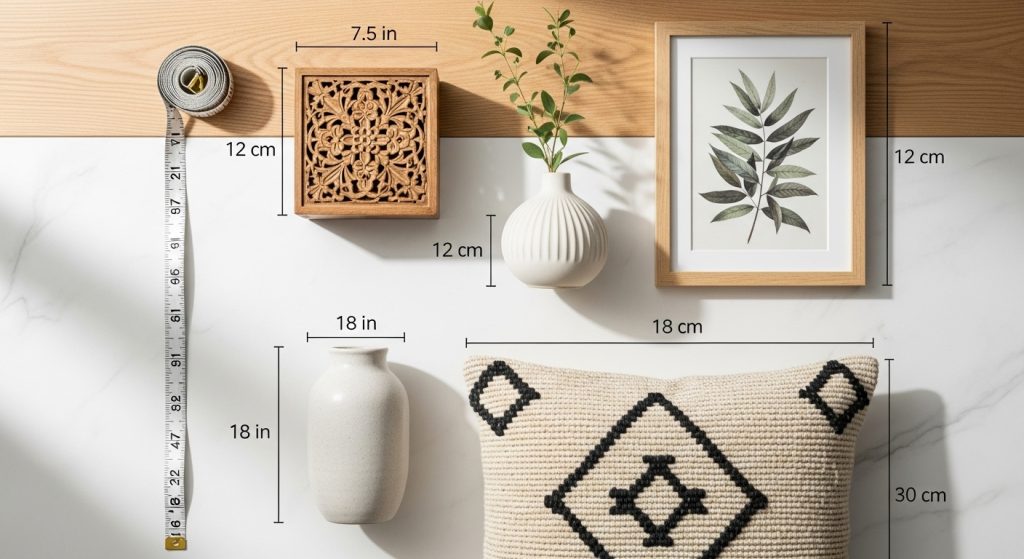 Accent Furniture for Decor: Statement Pieces That Elevate Any Room 14 An artistic and informative scene showing a tape measure beside various potential accent pieces in a stylish room, with annotated dimensions highlighting scale and proportion. The image combines creativity with practicality, offering a visually appealing guide to interior design and furniture arrangement.