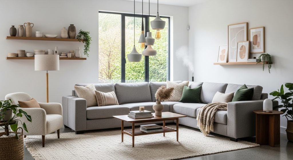 Simple Ceiling Decor Design That Transforms Any Room 12 ALT Text: A modern cozy living space with elegant ceiling lights, soft neutral tones, and subtle decor details creating a warm, harmonious atmosphere.