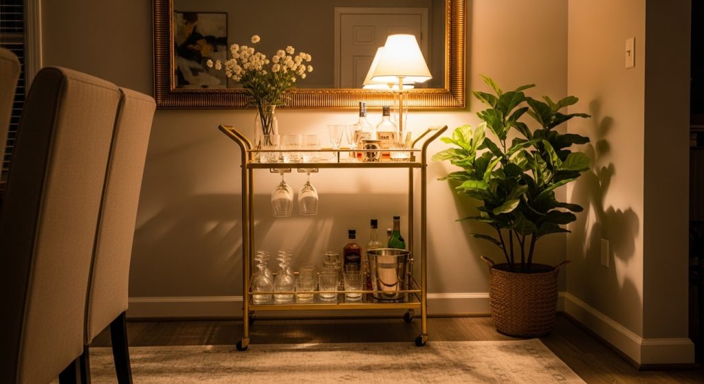 Creative Corner Decoration Ideas to Beautify Every Room 5 A chic dining room corner featuring a gold bar cart with glasses, a mirror, and greenery, illuminated by soft warm lighting for a cozy, inviting feel.