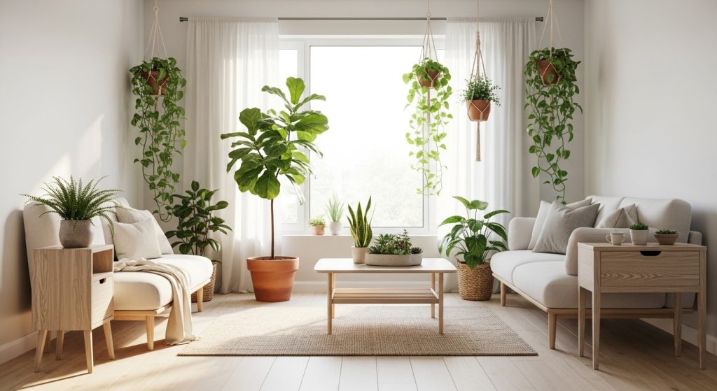 Eco Friendly Home Interior: Natural Ways to Decorate Sustainably 6 
A cozy corner decorated with upcycled furniture, including a vintage wooden trunk used as a coffee table, repainted chairs, and glass jar planters, creating a charming eco-friendly space.