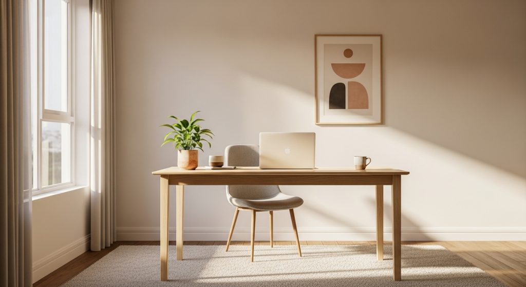 Minimalist Home Office Setup: Create a Productive & Calm Workspace 11 A peaceful minimalist home office filled with warm sunlight, featuring clean lines, neutral tones, and a balanced, calming atmosphere.