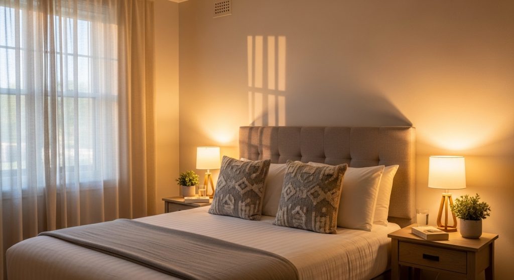 How to Set Up a Guest Room on a Budget: Stylish Ideas 5 
Softly lit guest room with warm bedside lamps, natural morning light filtering through curtains, and an inviting realistic atmosphere.