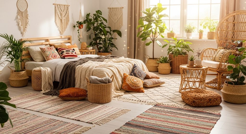 Boho Bedroom Decor on a Budget: Cozy & Chic Style for Less 1 A cozy bedroom with layered rugs, rattan furniture, woven baskets, plants, and colorful cushions, bathed in natural light for a warm Boho aesthetic.
