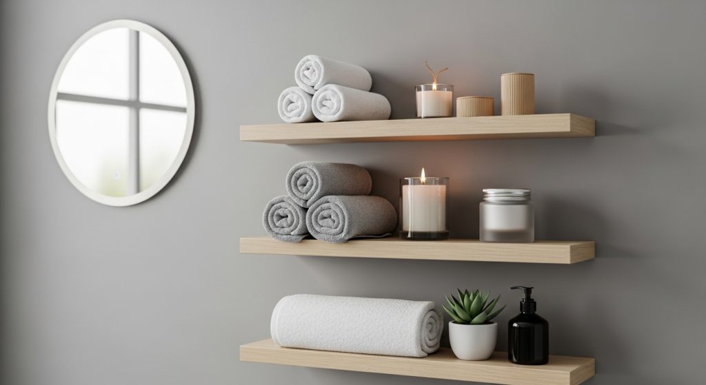 10 Genius Bathroom Storage Hacks You’ll Wish You Knew Sooner 4 Modern bathroom wall with wooden floating shelves holding rolled towels, candles, and skincare jars in a realistic Scandinavian design.