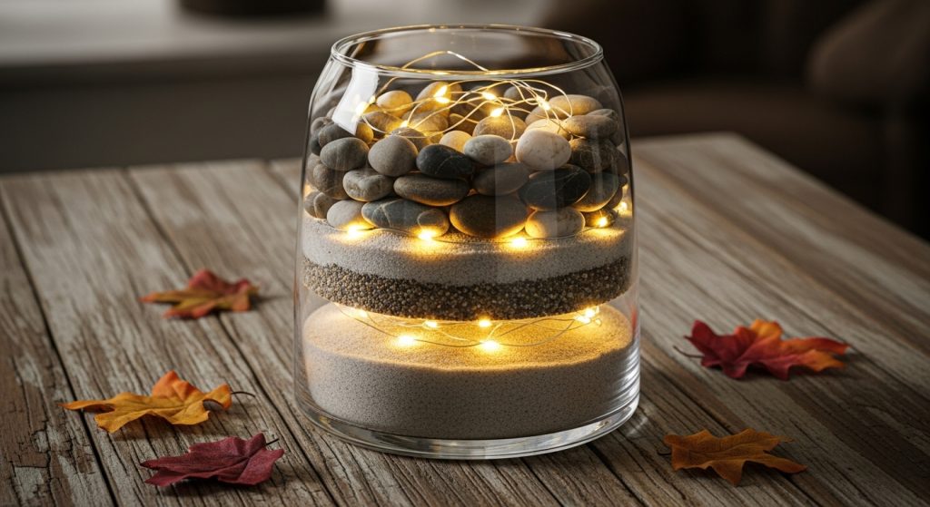 
A transparent glass vase filled with layered sand, small pebbles, and glowing fairy lights, placed on a rustic wooden table for a warm and creative decorative look.
