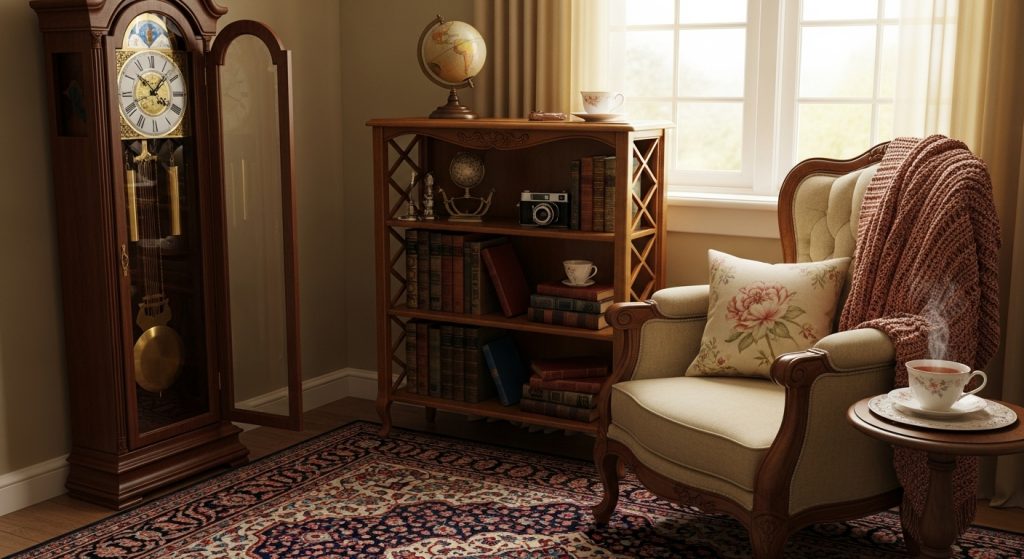 Vintage Style Interior on a Budget: Timeless Decor Tips 9 
A cozy reading nook featuring an antique clock, patterned rug, floral cushion, and a small bookshelf filled with vintage trinkets, creating a warm and nostalgic atmosphere.