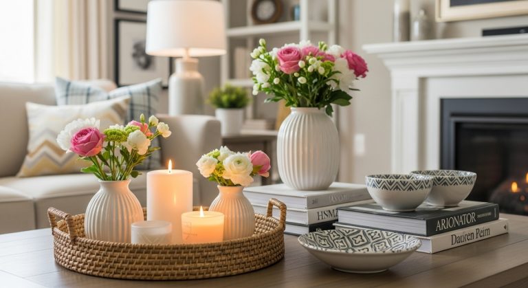 DIY Center Table Decor Ideas for Living Room 10 DIY center table decor ideas featuring a beautifully styled living room setup with small vases of fresh flowers, candles, coffee table books, a woven tray, and decorative bowls, creating a cozy, modern, and inviting atmosphere in neutral tones with soft lighting.