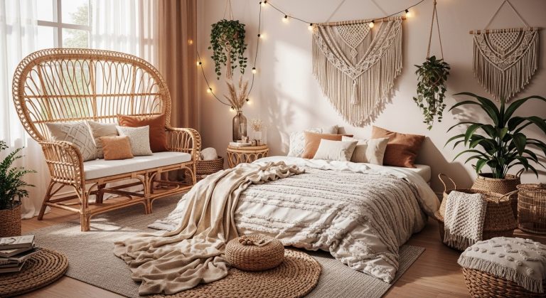 Boho Bedroom Decor on a Budget: Cozy & Chic Style for Less 1 Boho bedroom decor on a budget featuring rattan furniture, layered textured bedding, macramé wall hanging, woven baskets, neutral earthy tones, string lights, and indoor plants, creating a warm, relaxed, and stylish space with natural daylight and cozy textures.