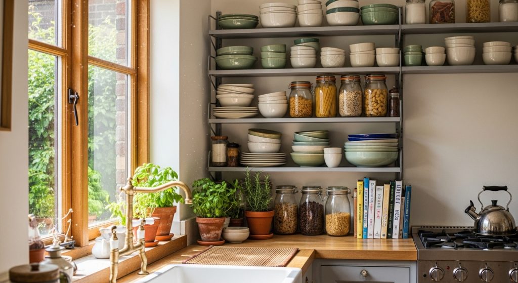 A kitchen with metal open racks displaying ceramic dishes, jars, and potted herbs next to a bright window.
