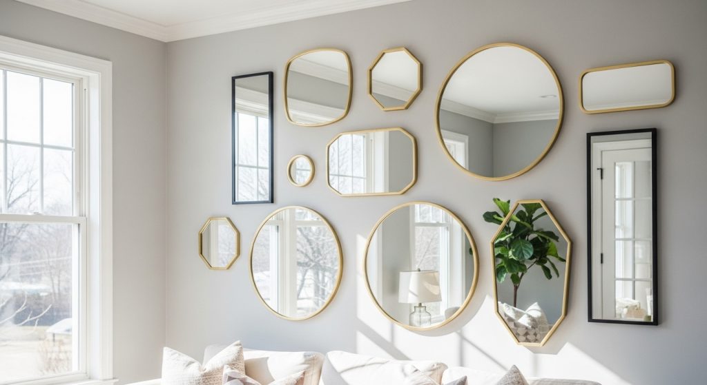 ALT Text: A bright living room wall decorated with stylishly arranged mirrors reflecting natural light, creating an elegant and modern vibe.
