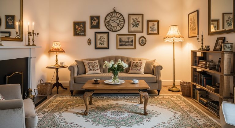 Vintage Style Interior on a Budget: Timeless Decor Tips 7 A cozy and elegant vintage style interior created on a budget, featuring antique-inspired furniture, soft neutral tones, a patterned rug, vintage wall art, brass accents, and warm ambient lighting. The realistic, high-resolution scene captures timeless charm and nostalgia with a lived-in, inviting atmosphere.