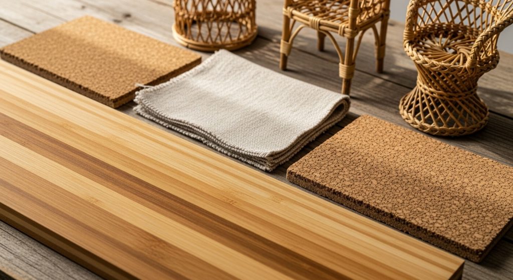 Eco Friendly Home Interior: Natural Ways to Decorate Sustainably 2 
A close-up view of eco-friendly materials displayed on a wooden table, including bamboo planks, cork tiles, linen fabric, and rattan furniture samples, highlighting sustainable interior design elements.