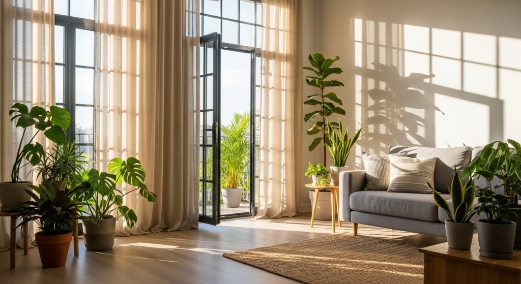 Eco Friendly Home Interior: Natural Ways to Decorate Sustainably 4 
A sunlit living room featuring large windows with natural curtains and green plants, reflecting soft sunlight onto light-colored walls for a bright and serene atmosphere.