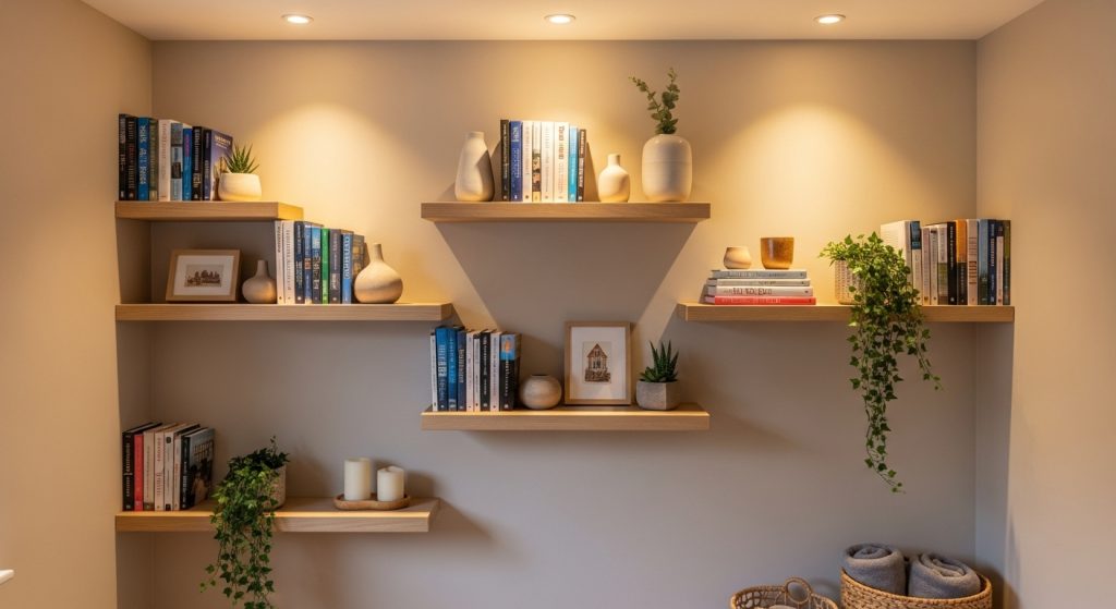  A modern small living room wall featuring floating wooden shelves with books, plants, and decor, styled in warm lighting and natural minimalist tones.
