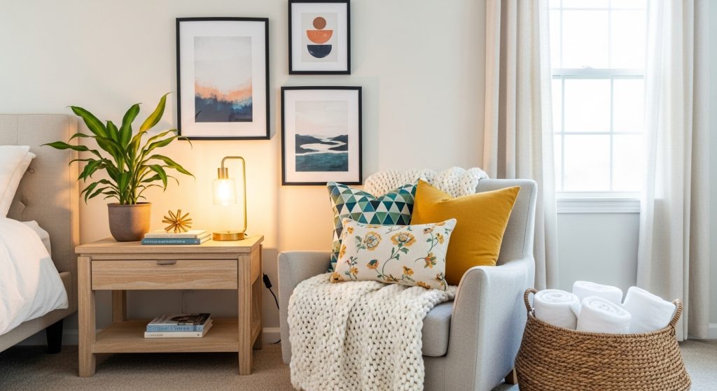How to Set Up a Guest Room on a Budget: Stylish Ideas 6 “Stylish guest room corner featuring framed wall art, a green indoor plant, woven basket, and colorful throw pillows